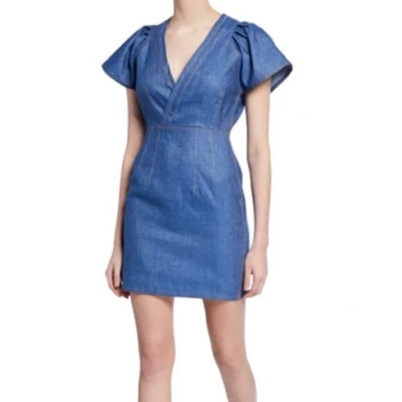 Derek Lam 10 Crosby Denim Cotton and Linen Faux Wrap Shift Dress Sz 4 - Picture 1 of 12